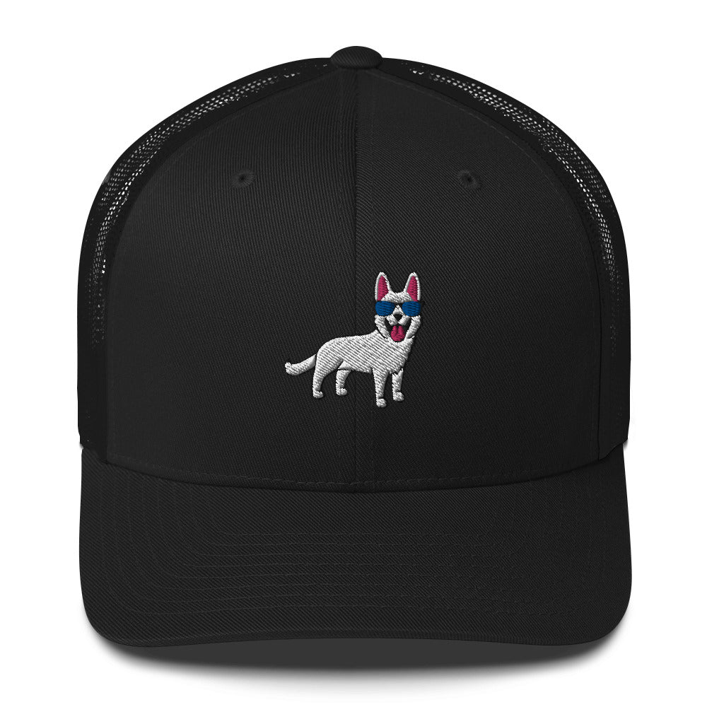 White German Shepherd with Sunglasses Hat