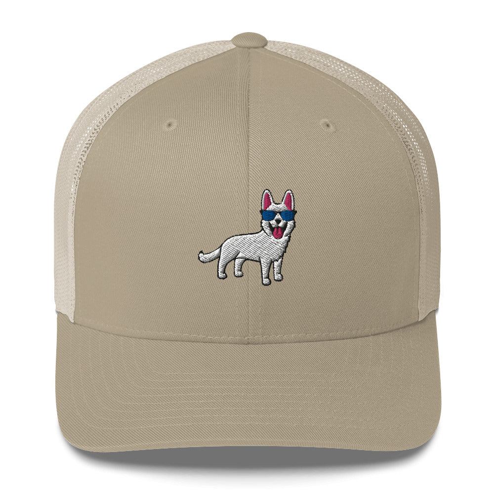 White German Shepherd with Sunglasses Hat