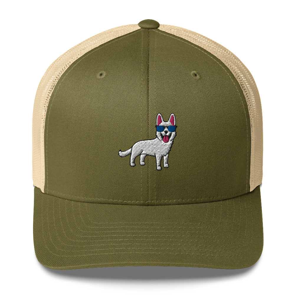 White German Shepherd with Sunglasses Hat
