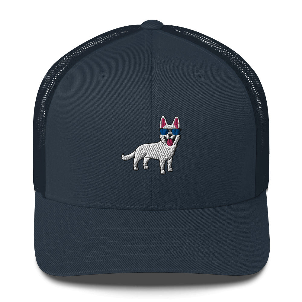 White German Shepherd with Sunglasses Hat