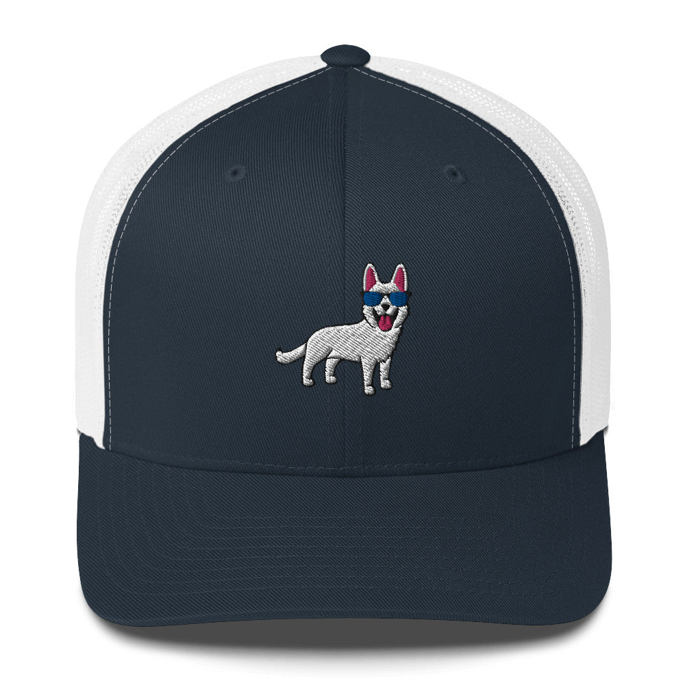 White German Shepherd with Sunglasses Hat